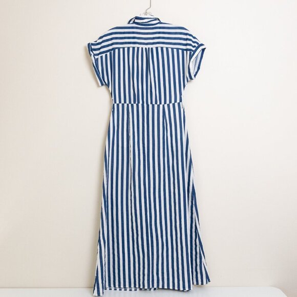 ✨ ZARA Striped Linen Blend Midi Shirt Dress White Blue Button Front - Picture 3 of 13